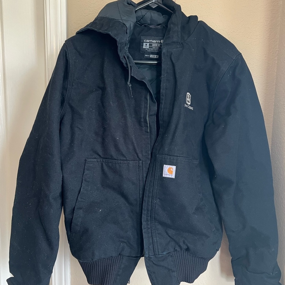 Carhartt Black Utility Jacket with Hood and Heavy-Duty Fabric John Deere